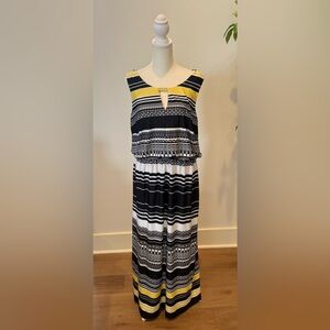 Soho Apparel Black & White Striped Maxi Dress with Yellow Trim